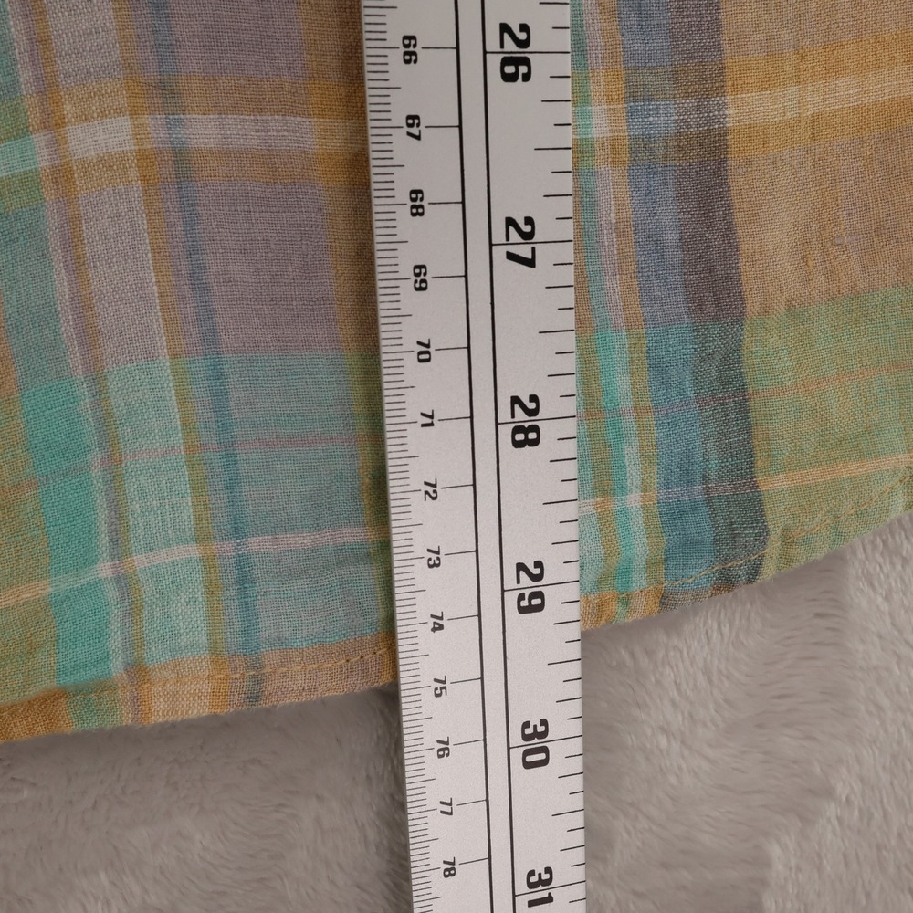 Lands End Mens Large 100% Linen Short Sleeve Button Down Plaid Shirt Yellow Teal - Picture 6 of 7
